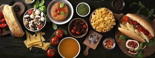 Table scene with a selection of delicious foods. Top view over a dark wood banner background, generate ai photo