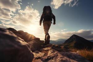 Hiker goes against sky and sun. Hiking concept created with generative Ai technology photo