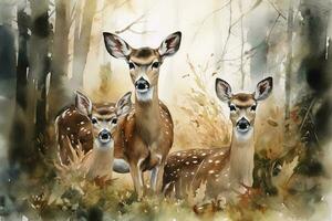 A family of deer in a forest clearing watercolor, generate ai photo