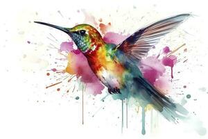 Create a beautiful painting of a hummingbird feeding on nectar watercolor painting, beautiful natural forms, crisp clean shapes, colorful, white background, generate ai photo