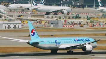 HONG KONG NOVEMBER 07, 2019 - Dreamliner Boeing 787 of Korean Air departure at Chek Lap Kok international airport, Hong Kong HKG. Airplane acceleration before takeoff video