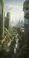 espectacular eco-futurista paisaje urbano lleno con verdor, rascacielos, parques, y otro artificial verde espacios en urbano área. verde jardín en moderno ciudad. digital Arte 3d ilustración. foto