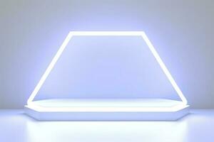 Realistic podium display with neon white lights, Product display background with light frame, White prodium product display with light effect, neon lights background, generate ai photo