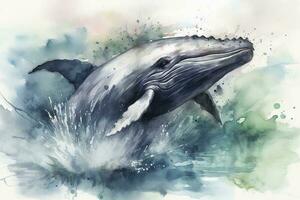 A whale breaching in a stormy ocean watercolor painting, beautiful natural forms, crisp clean shapes, colorful, white background, generate ai photo