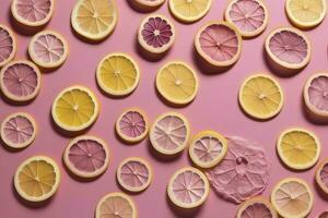 Uniform pattern of dried lemon slices with shadow on a pink background. Flat lay, generate ai photo