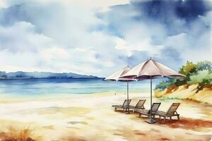 Beautiful beach banner. White sand, chairs, and umbrella travel tourism wide panorama background concept. Amazing beach watercolor landscape watercolor painting, generate ai photo