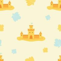 WebSummer seamless pattern with sand castle on light yellow background with shells. Vector illustration in flat style for design, wallpaper, wrapping paper, fabric.