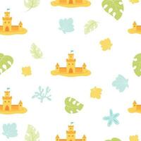 Summer seamless pattern with sand castle, shells, corals and tropical leaves on white background. Vector illustration in flat style for design, wallpaper, wrapping paper, fabric.