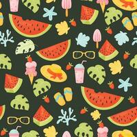 Summer seamless pattern with beach accessories and seashells and with pieces watermelon on black background. Vector illustration in flat cartoon style for design, wallpaper, wrapping paper, fabric.