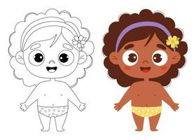 Cute cartoon smiling black ethnic kid girl in shorts. Outline drawing coloring book and color drawing. Vector illustration. Childrens collection. Isolated funny kids on white background.