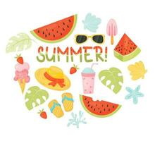 Summer collection. Pieces watermelon, ice cream, straw hat and flip flops, shells and lettering Summer with watermelon pattern. Vector illustration in cartoon flat style. Isolated elements on white.