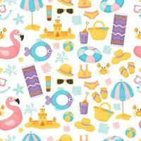 Seamless pattern with summer sea holiday attributes on white background. Beach vacation clothes and accessories, swimsuit, straw hat and flip flops, bag, rubber ring, shells. Vector illustration.