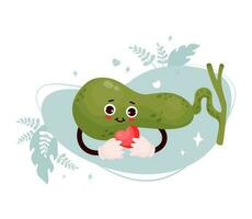 Cute cartoon gallbladder character. Happy human organ with heart in hands. Vector illustration. Funny organ of gastrointestinal tract romantic mascot.