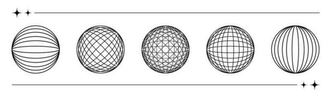 de moda conjunto de y2k retro futurismo elementos, esferas y globos, 3d estructura metálica modelos, dimensional gráfico diseño formas vector