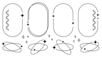 y2k arco y imagen marcos, negro línea Arte marcos y fronteras con negro estrellas, vector fronteras