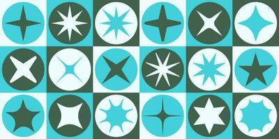 Y2K trendy shape pattern with stars and sparkles incide colored tiles, 2000s geometric decorative pattern. vector