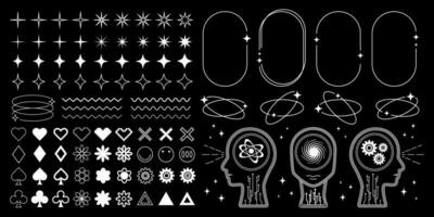 Collection of Y2K shapes, frames, cyber human head drawings, and design graphic objects. Retro vector black and white graphics.