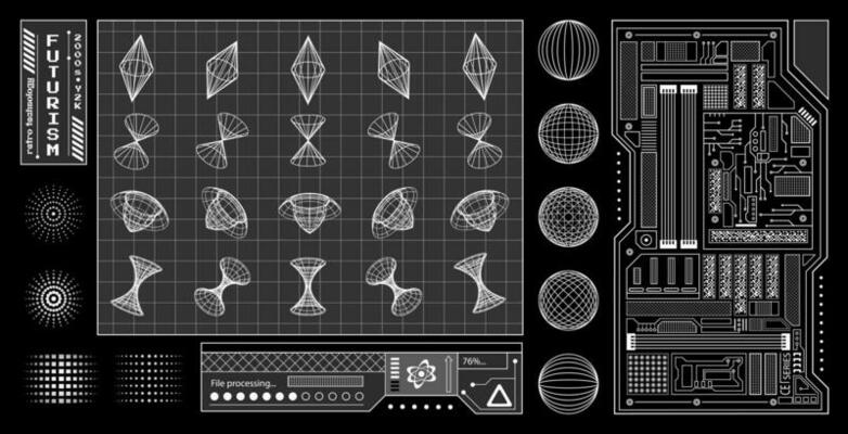 Trendy set of Y2K retro futurism elements, 3d wireframe models, technology details, windows, dimensional graphic design shapes.