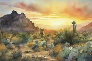 Paint a watercolor landscape of a desert scene with towering rock formations, intricate cacti, and a dramatic sunset sky, generate ai photo