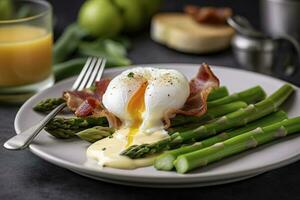 Benedict poached Duck egg with crispy bacon and fried asparagus on toasts for breakfast, generate ai photo