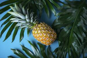 Top view of fresh pineapple with tropical leaves on blue background. , generate ai photo