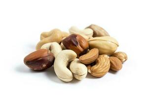 Cashew nuts, almond, hazelnut and blanched peanuts isolated on white background, generate ai photo