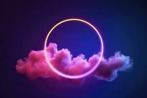 3d render, abstract cloud illuminated with neon light ring on dark night sky. Glowing geometric shape, round frame, generate ai photo