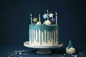 White birthday drip cake with teal ganache, star toppers and fun candles over dark blue background, generate ai photo