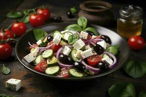 Greek salad with fresh vegetables, feta cheese, kalamata olives, dried oregano, red wine vinegar and olive oil. Healthy food, generate ai photo