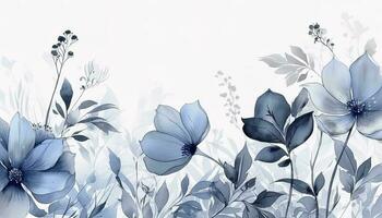 resumen floral Arte antecedentes vector. botánico acuarela mano pintado azul flores y hoja rama con línea Arte , generar ai foto