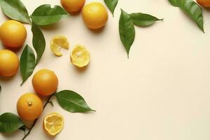 Whole orange yellow tangerines with green leaves on pastel beige background, copyspace. Citrus fruits mandarines as minimal food frame background, empty space, above view, generate ai photo