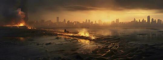 Post apocalypse. Nuclear apocalypse survivor. Ruined Cityscape. Concept. Banner size. Header, A nuclear explosion in the center of the metropolis. The beginning of apocalyptic, generate ai photo