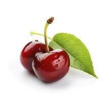 Cherry with leaf isolated on white background, generate ai photo