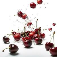 Whole and sliced fresh cherries in the air, isolated on a white background, generate ai photo