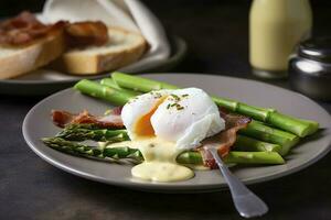 Benedict poached Duck egg with crispy bacon and fried asparagus on toasts for breakfast, generate ai photo