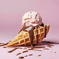 An overturned waffle cone with melted ice cream on a pink background, generate ai photo