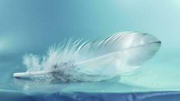 a bright blue background with one white feather, in the style of soft and dreamy pastels, glimmering light effects, nature inspired imagery, fairycore, soft focal points, generate ai photo