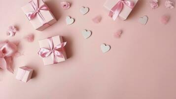 rosas y regalo cajas en rosado fondo, espacio para texto, generar ai foto