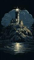 Lighthouse on a rock in stormy weather, generate ai photo
