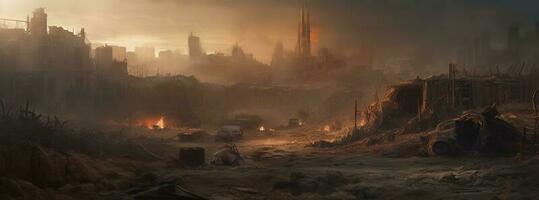Post apocalypse. Nuclear apocalypse survivor. Ruined Cityscape. Concept. Banner size. Header, generate ai photo