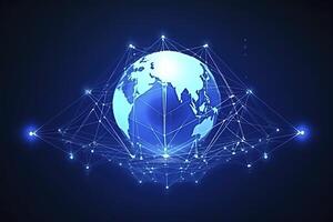 Global network on Earth concept. 3D rendering, World map point. Big data analytics and business concept, world map point and line composition concept of global business, generate ai photo