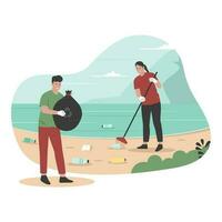 Flat design of people cleaning up beach from wastes vector