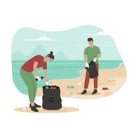 Flat design of people's clean up trash at sea beach vector