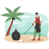 Flat design of beach workers clean up trash on the beach vector