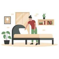 Flat design of woman is cleaning the bed vector