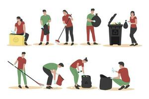 Flat design of people cleaning trash set collections vector