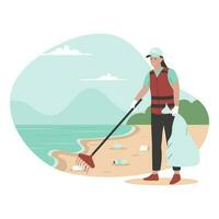 Flat design of beach workers clean up trash on the beach vector