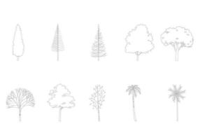 tree line drawing, Side view, graphics trees elements single object outline minimal plant symbol for architecture and landscape design. Vector illustration in stroke fill in white. forest, tropical.