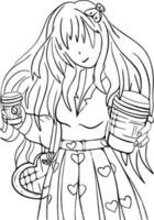 vector anime niña con papel taza de cafe.mano dibujo ,colorante página, negro y blanco