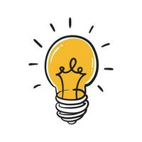 Light bulb with shining light. Cartoon style. Flat style. Hand drawn style. Doodle style. Symbol of creativity, innovation, inspiration, invention and ideas. Vector illustration